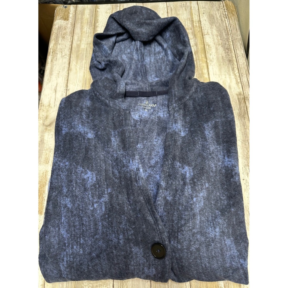 Cuddl Duds Women Blue Floral Hooded Cardigan Fleece Wrap Single Button XL